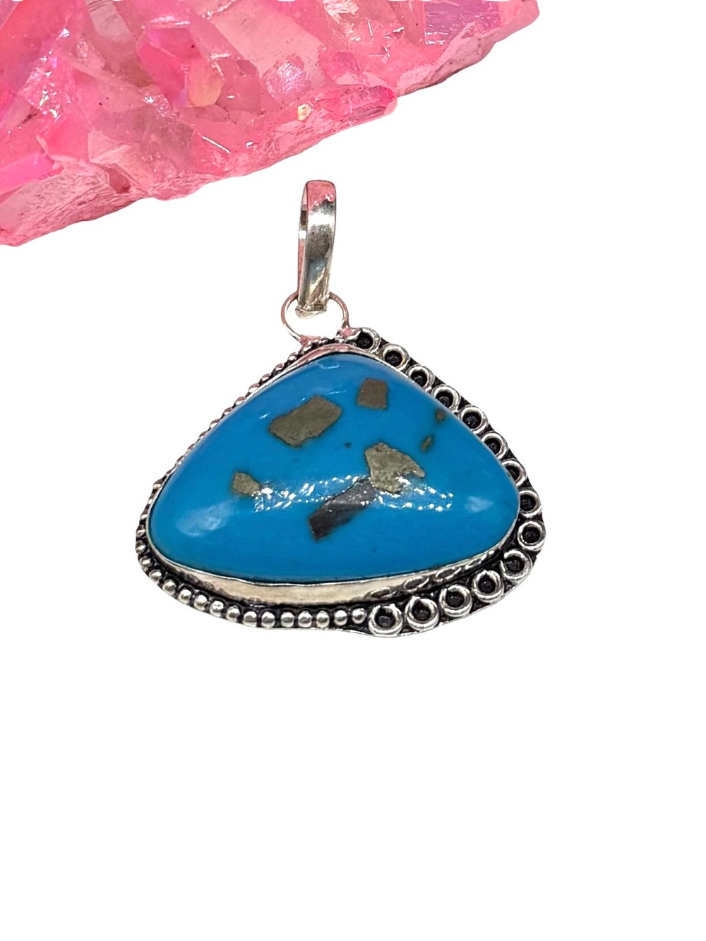 Synthetic Turquoise w/ Pyrite Necklace Pendant 925 Sterling Silver Overlay